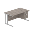 Office desk with grey wood-effect top, matching pedestal and silver frame on a white background