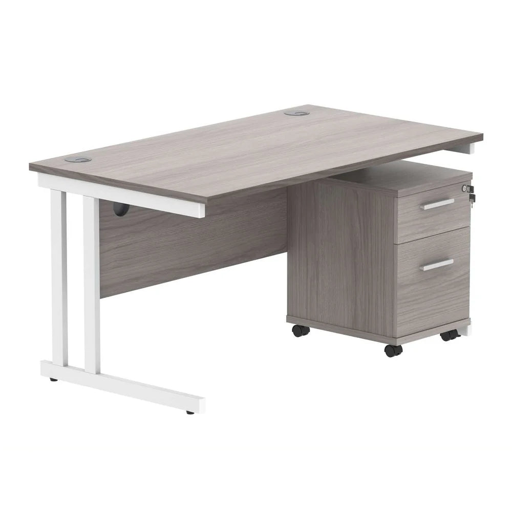 Office desk with a grey wood-effect top, white frame and a matching pedestal on a white background