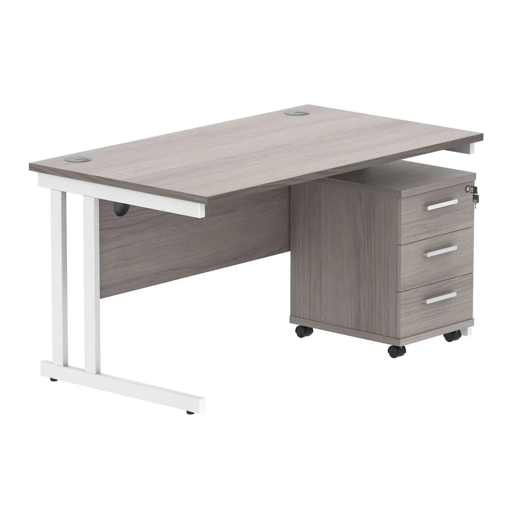 Office desk with grey wood-effect top, white legs and a matching pedestal on a white background
