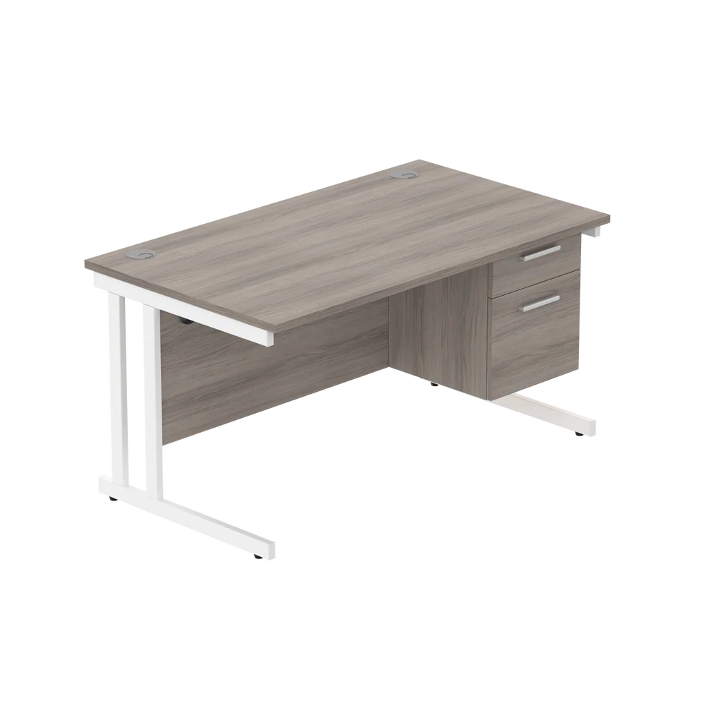 Office desk with grey wood-effect top, matching pedestal and white frame on a white background