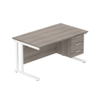 Office desk with grey wood-effect top, matching pedestal and white frame on a white background