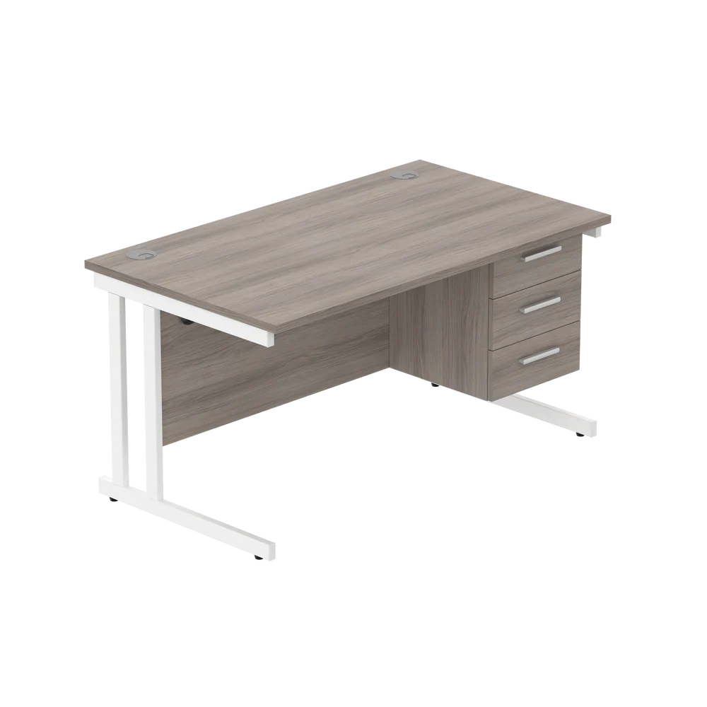Office desk with grey wood-effect top, matching pedestal and white frame on a white background
