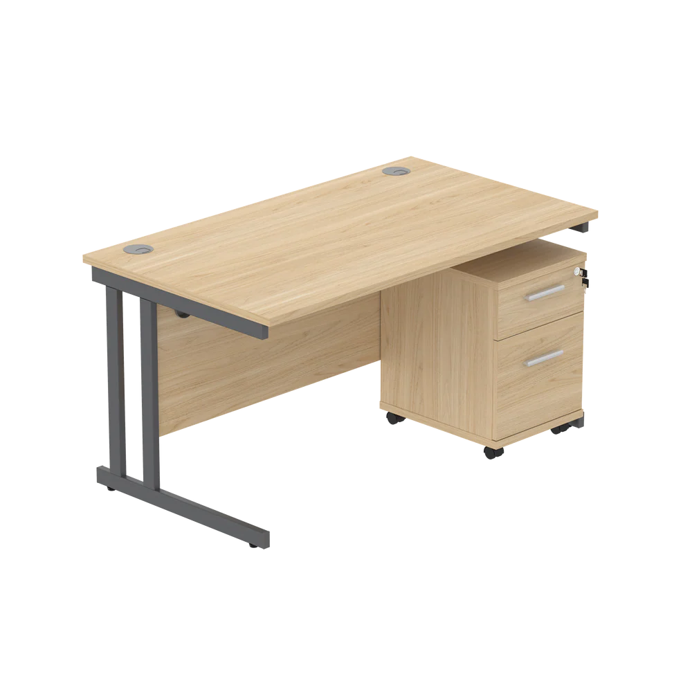 Office desk with a wood-effect top, grey frame and a matching pedestal on a white background