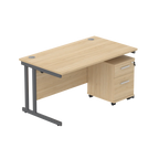 Office desk with a wood-effect top, grey frame and a matching pedestal on a white background