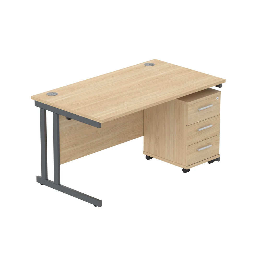Office desk with wood-effect top, grey legs and a matching pedestal on a white background