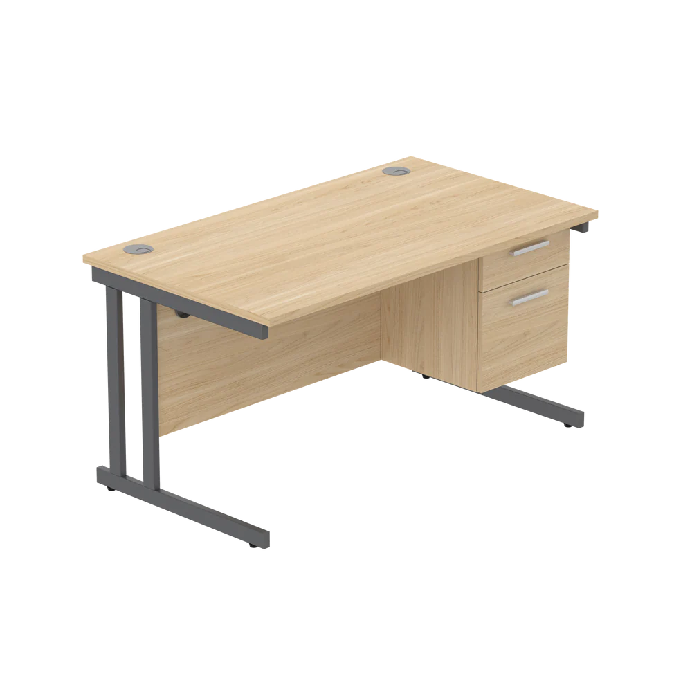 Office desk with wood-effect top, matching pedestal and grey frame on a white background