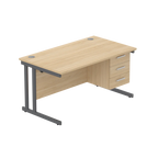 Office desk with wood-effect top, matching pedestal and grey frame on a white background