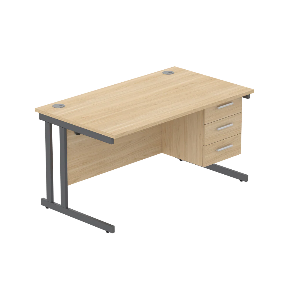 Office desk with wood-effect top, matching pedestal and grey frame on a white background