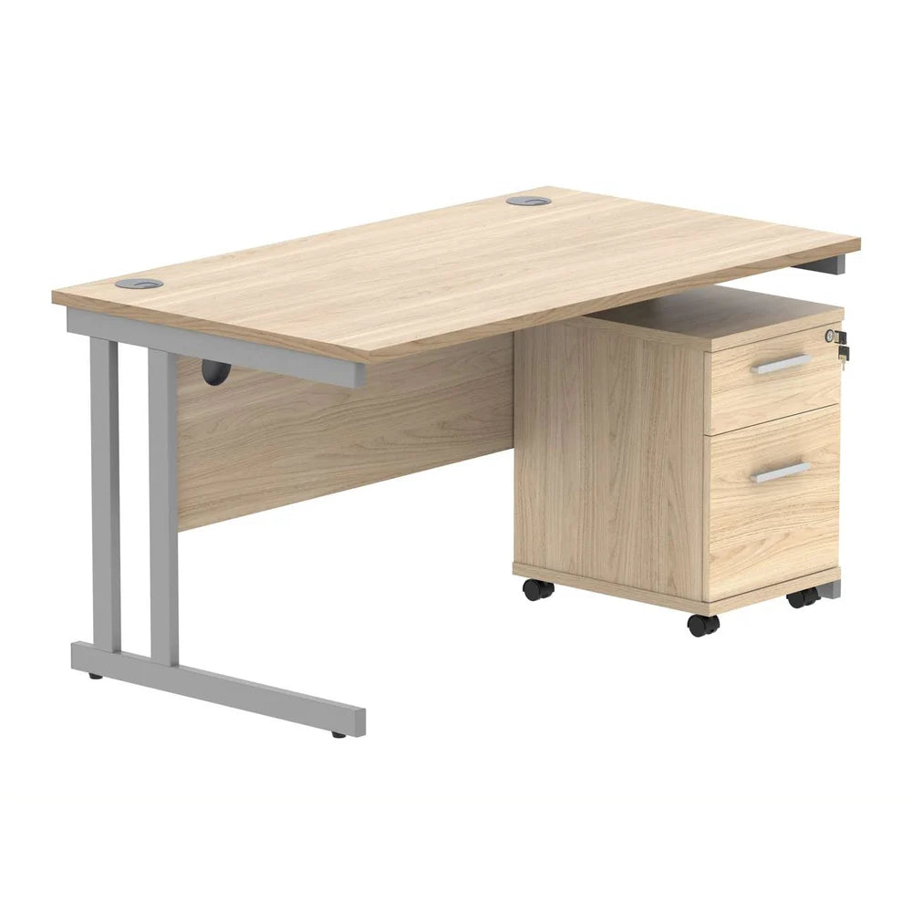 Office desk with a wood-effect top, silver frame and a matching pedestal on a white background