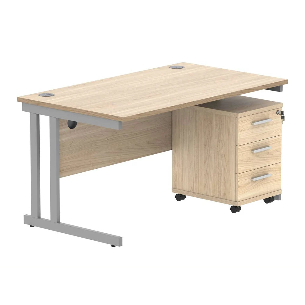 Office desk with wood-effect top, silver legs and a matching pedestal on a white background