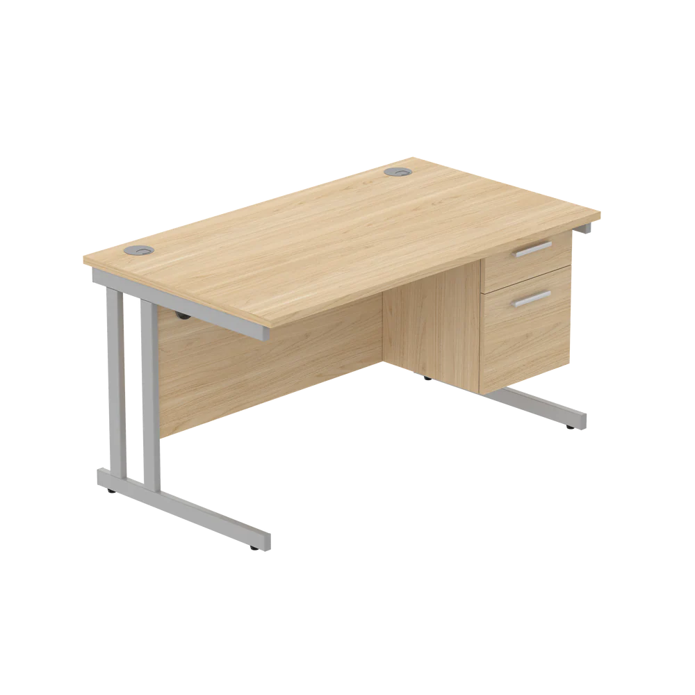 Office desk with wood-effect top, matching pedestal and silver frame on a white background