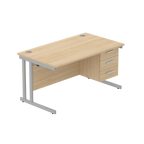 Office desk with wood-effect top, matching pedestal and silver frame on a white background