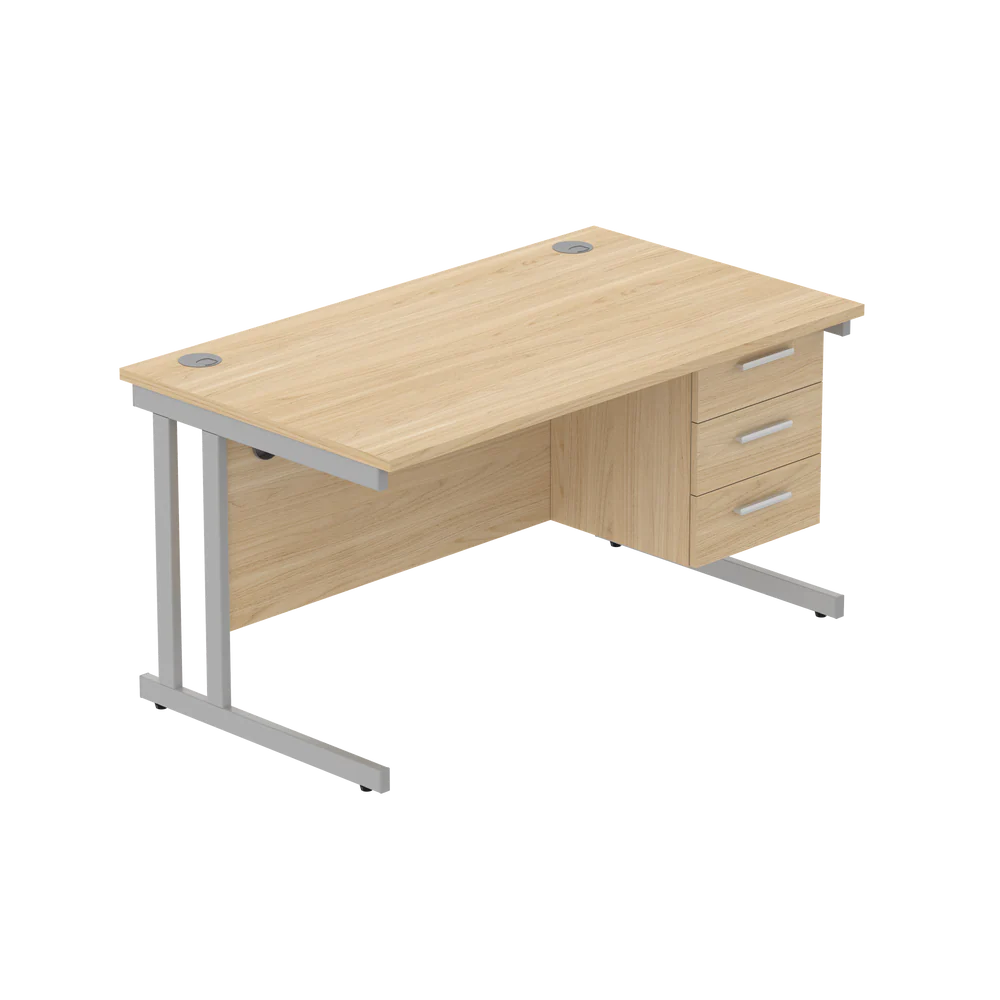 Office desk with wood-effect top, matching pedestal and silver frame on a white background