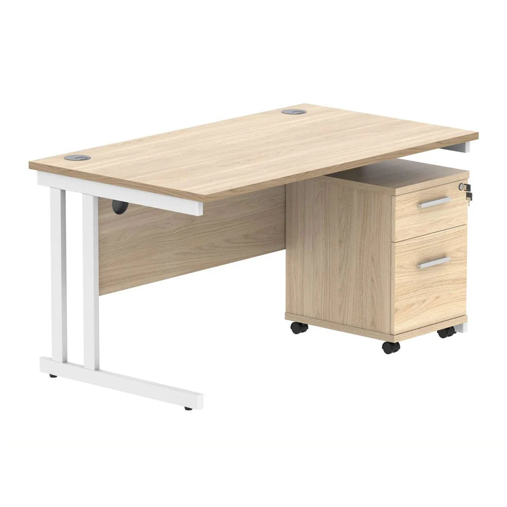 Office desk with a wood-effect top, white frame and a matching pedestal on a white background