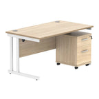 Office desk with a wood-effect top, white frame and a matching pedestal on a white background