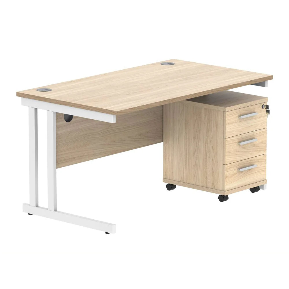Office desk with wood-effect top, white legs and a matching pedestal on a white background
