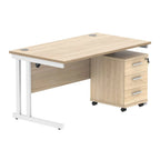 Office desk with wood-effect top, white legs and a matching pedestal on a white background