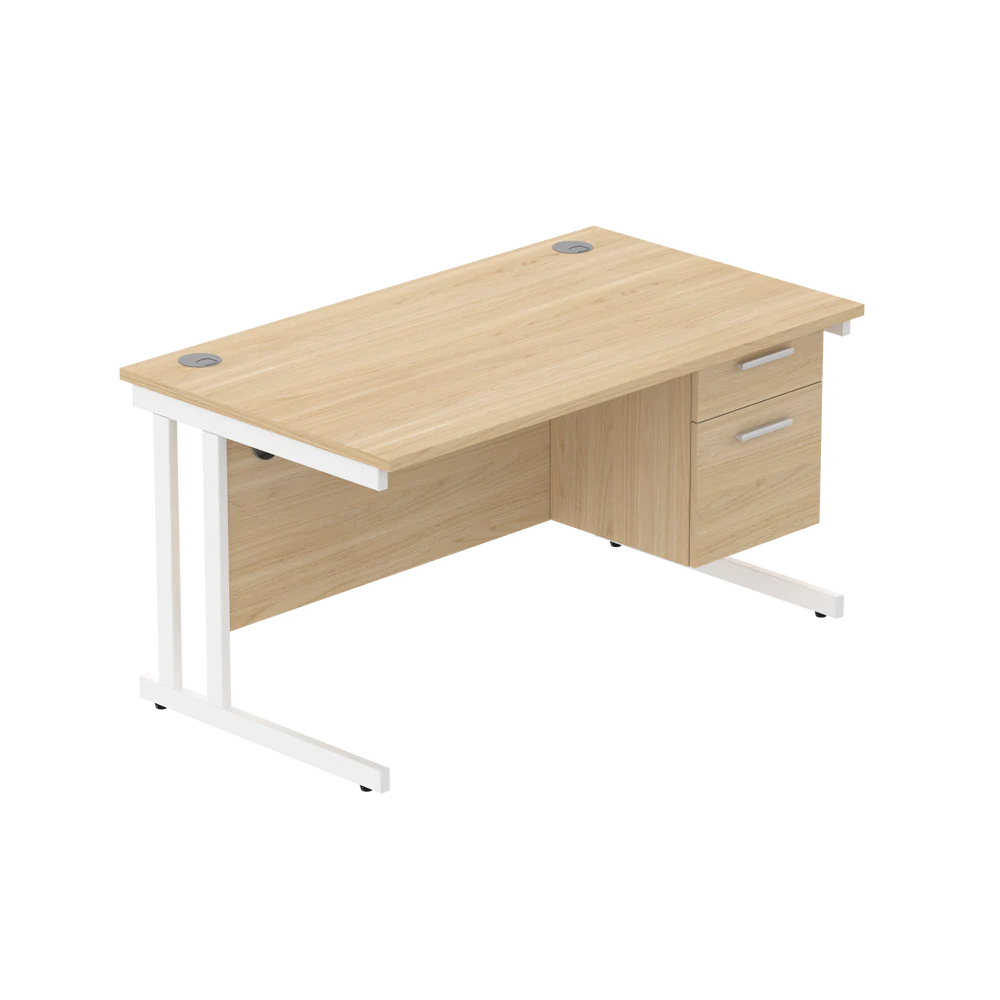 Office desk with wood-effect top, matching pedestal and white frame on a white background