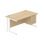 Office desk with wood-effect top, matching pedestal and white frame on a white background
