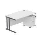 Office desk with a white top, grey frame and a matching pedestal on a white background