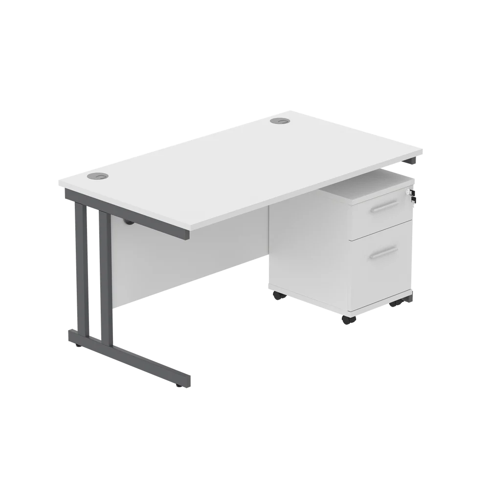 Office desk with a white top, grey frame and a matching pedestal on a white background