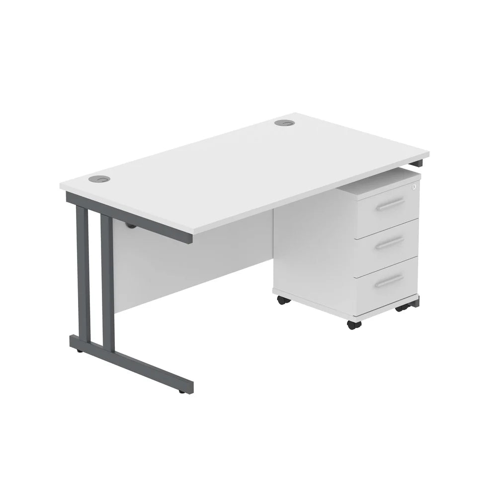 Office desk with white top, grey legs and a matching pedestal on a white background