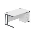 Office desk with white top, grey legs and a matching pedestal on a white background