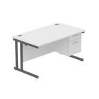 Office desk with white top, matching pedestal and grey frame on a white background