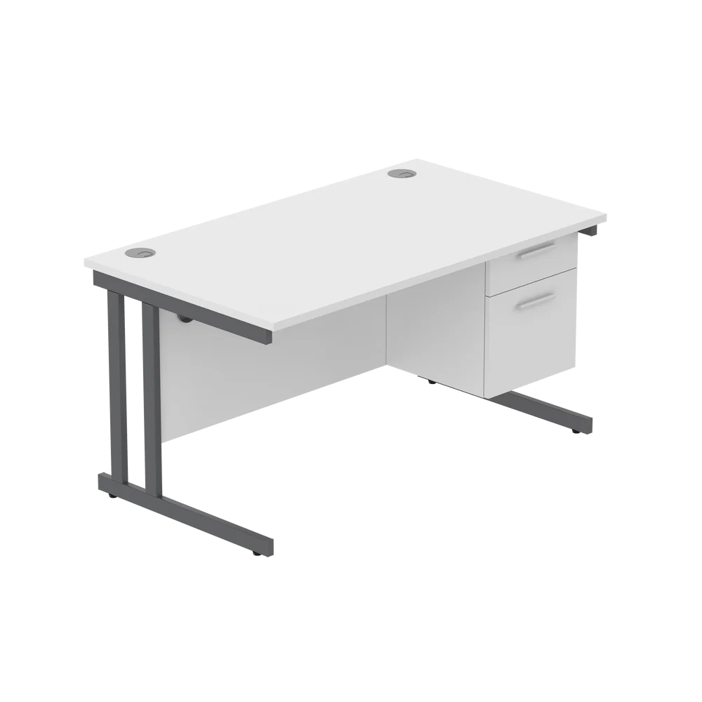 Office desk with white top, matching pedestal and grey frame on a white background