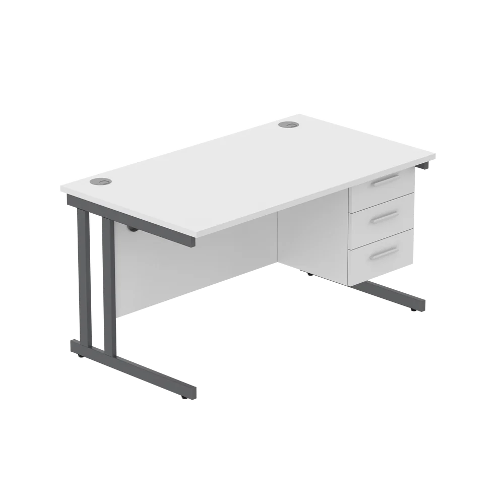 Office desk with white top, matching pedestal and grey frame on a white background