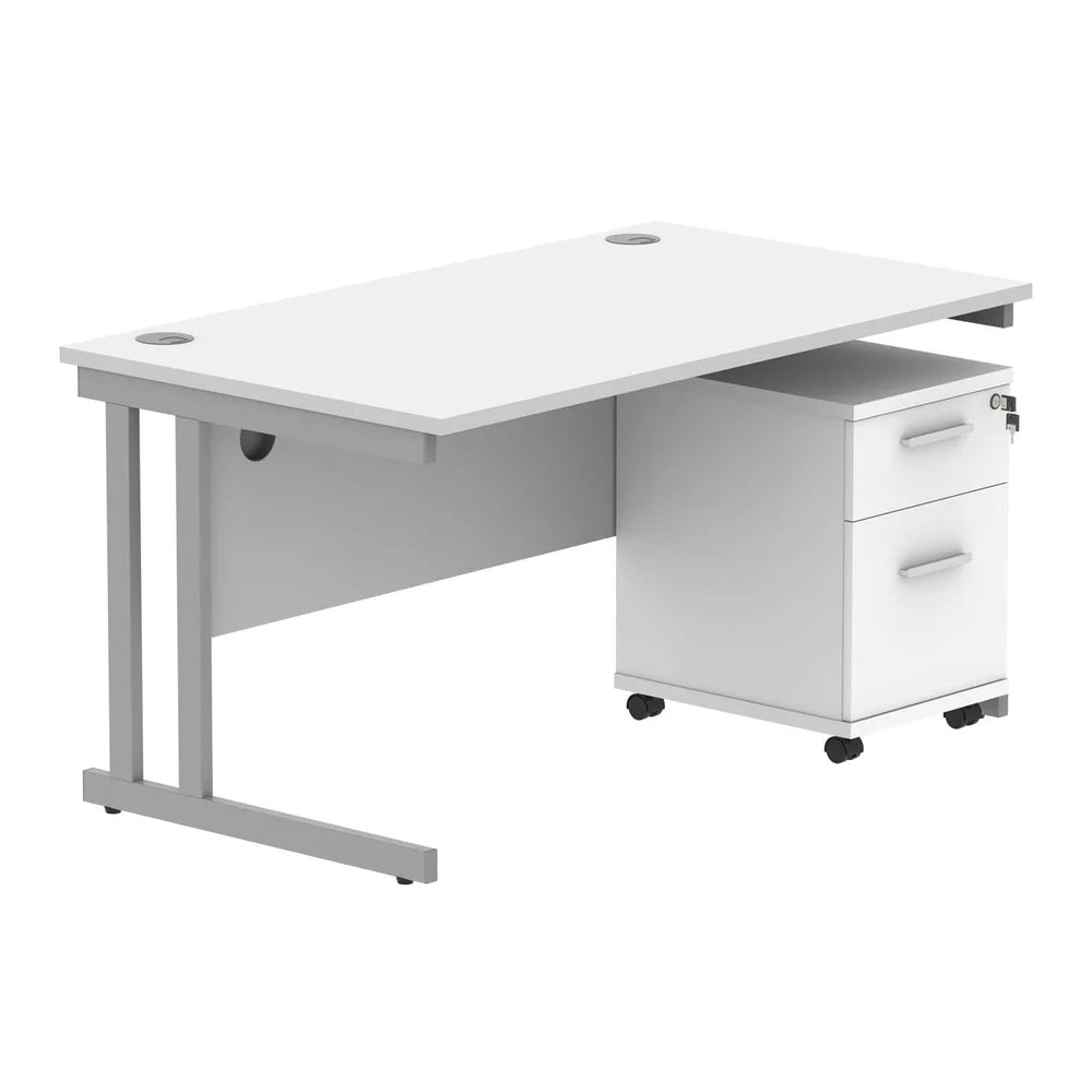 Office desk with a white top, silver frame and a matching pedestal on a white background