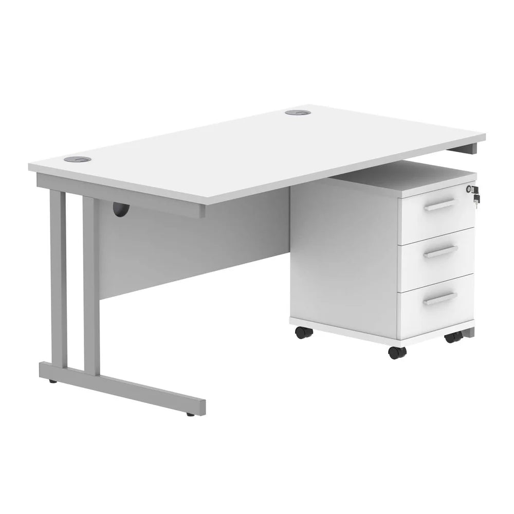 Office desk with white top, silver legs and a matching pedestal on a white background