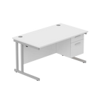 Office desk with white top, matching pedestal and silver frame on a white background