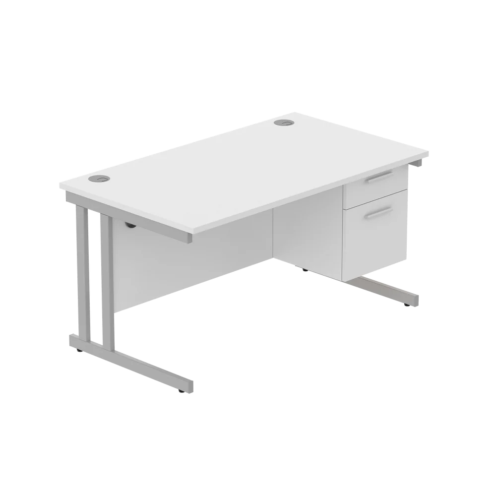 Office desk with white top, matching pedestal and silver frame on a white background