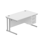 Office desk with white top, matching pedestal and silver frame on a white background