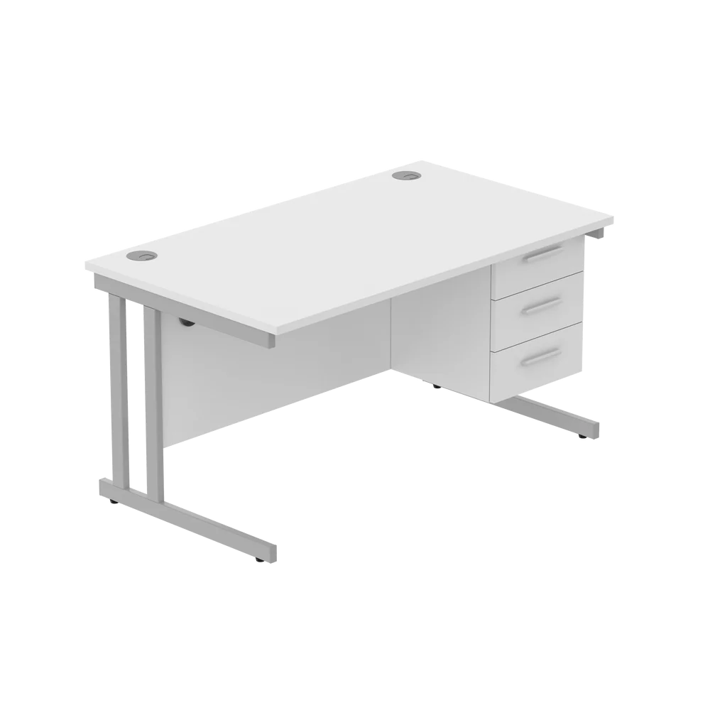Office desk with white top, matching pedestal and silver frame on a white background