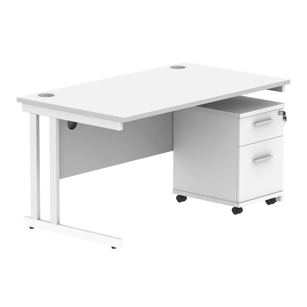 White office desk with a matching pedestal on a white background