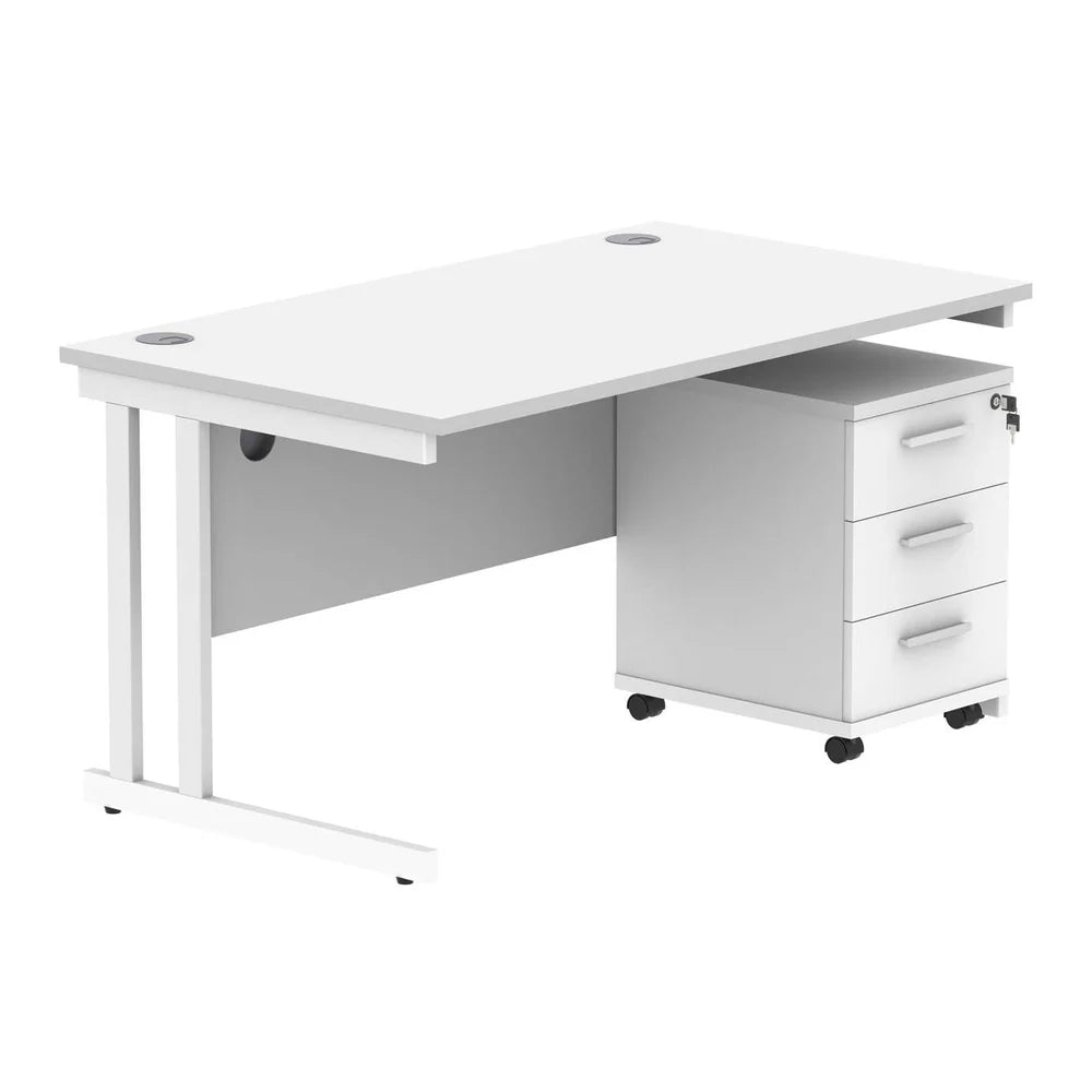 White office desk with a pedestal unit on a white background
