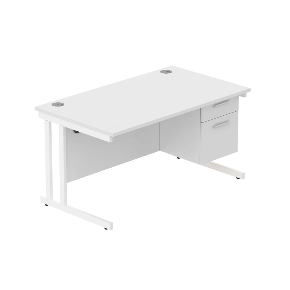 White office desk with matching pedestal on a white background