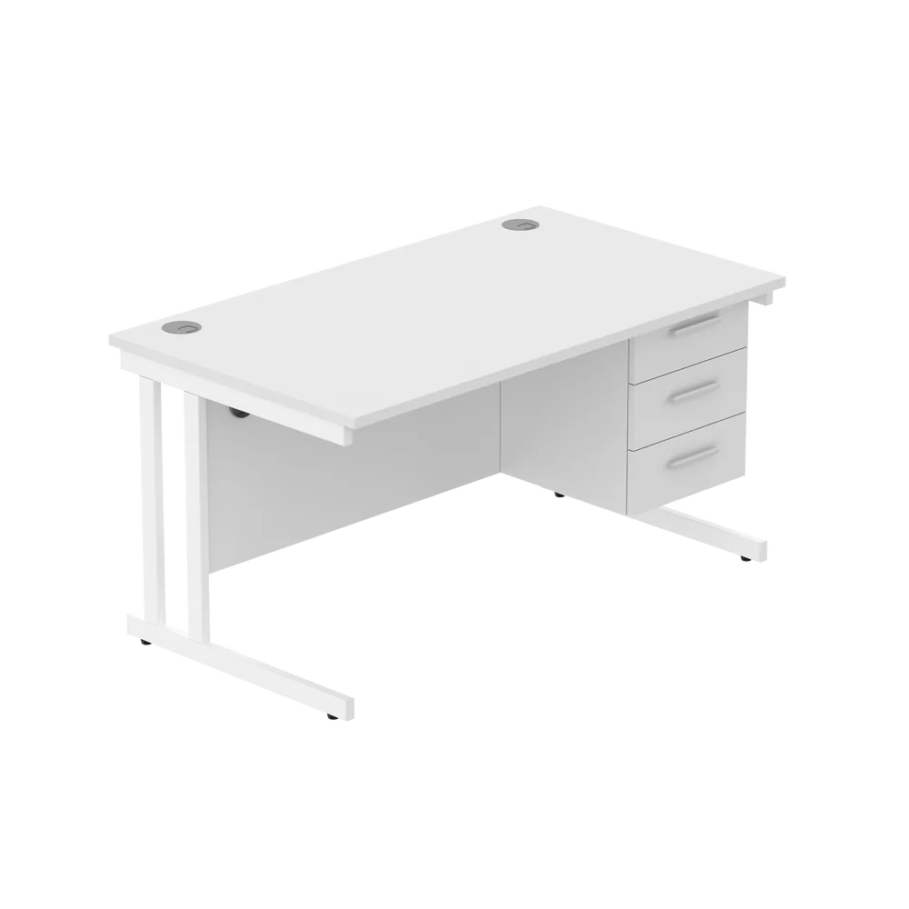 White office desk with matching pedestal on a white background