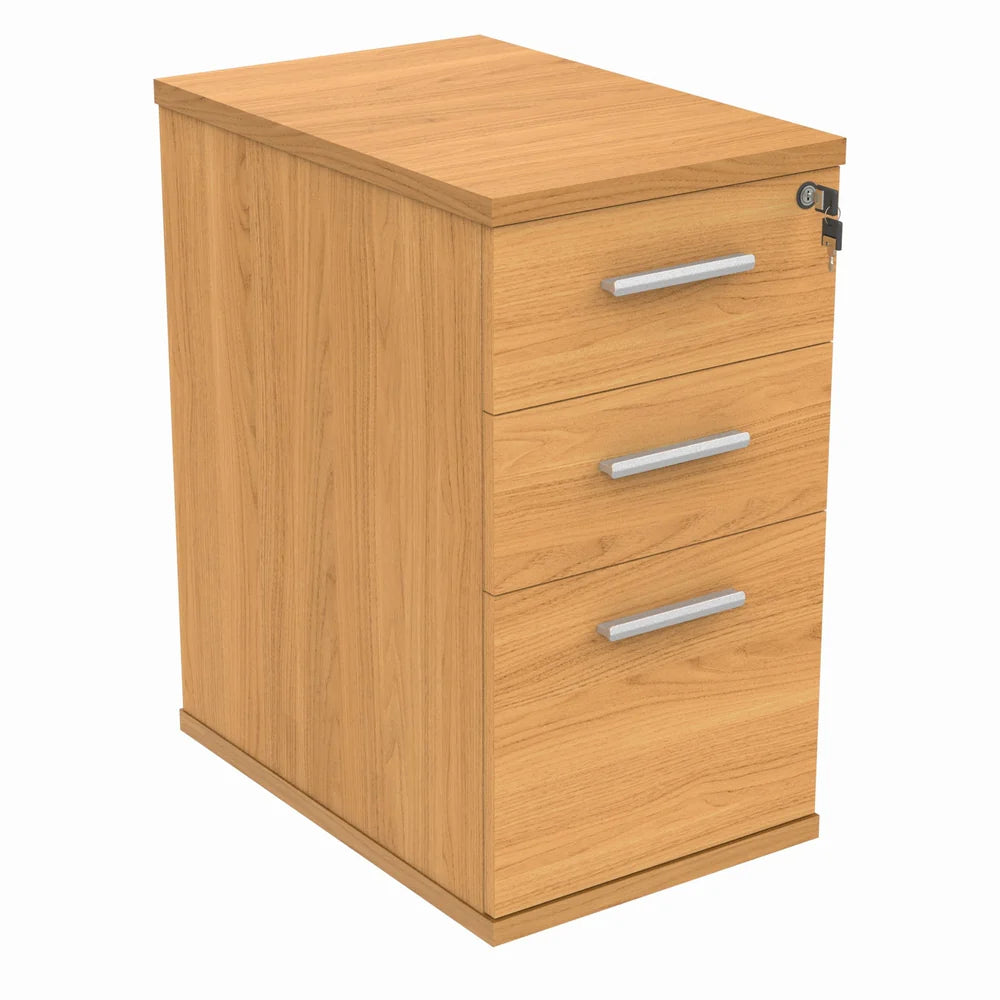 Wood-effect pedestal with three drawers on a white background