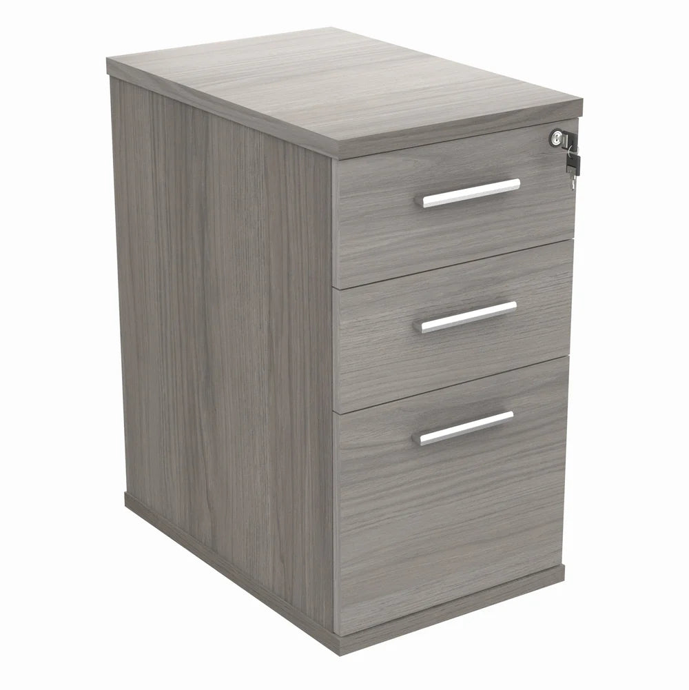 Grey wood-effect pedestal with three drawers on a white background