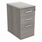 Grey wood-effect pedestal with three drawers on a white background