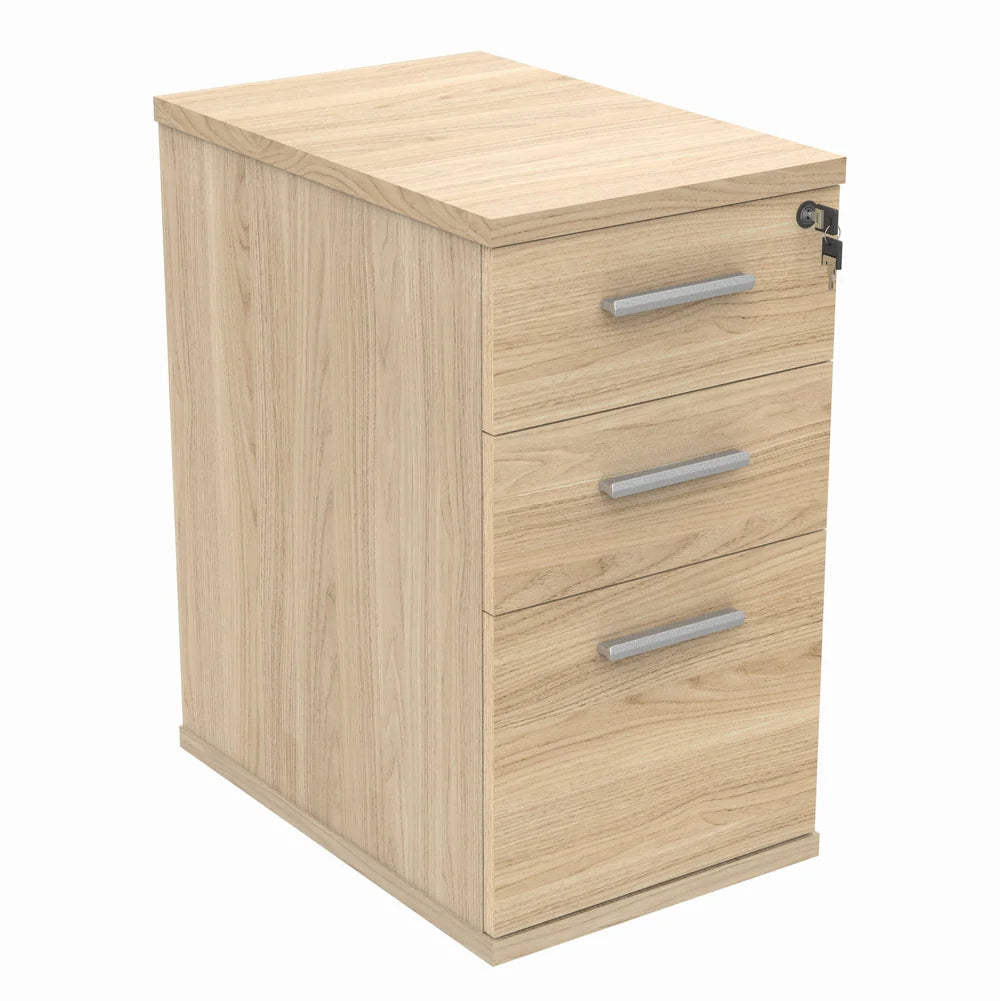 Wood-effect pedestal with three drawers on a white background