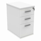 White pedestal with three drawers on a white background