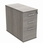 Grey wood-effect pedestal with three drawers on a white background