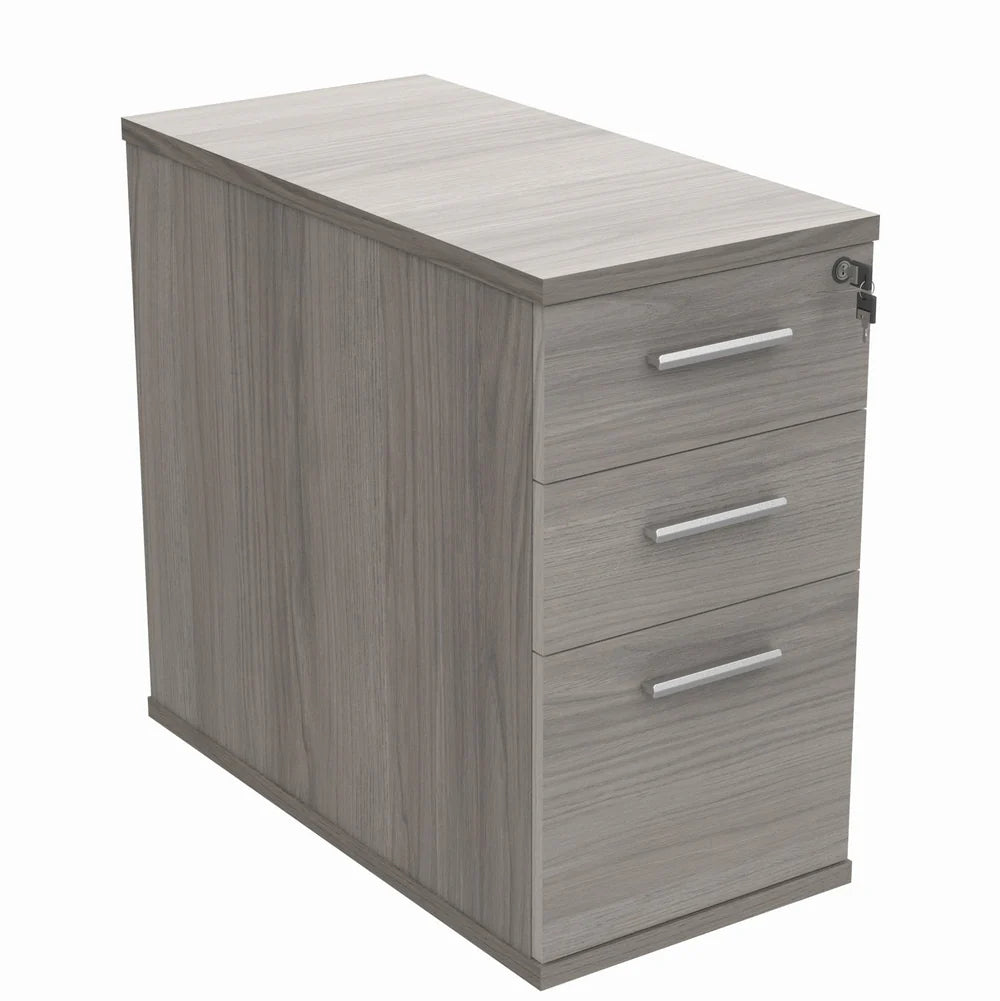 Grey wood-effect pedestal with three drawers on a white background