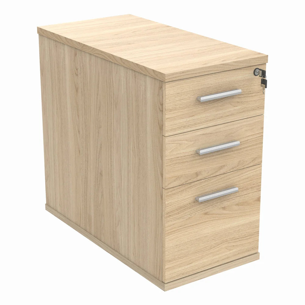 Wood-effect pedestal with three drawers on a white background