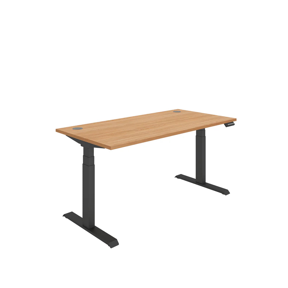 Height adjustable desk with wood-effect top and black frame on a white background