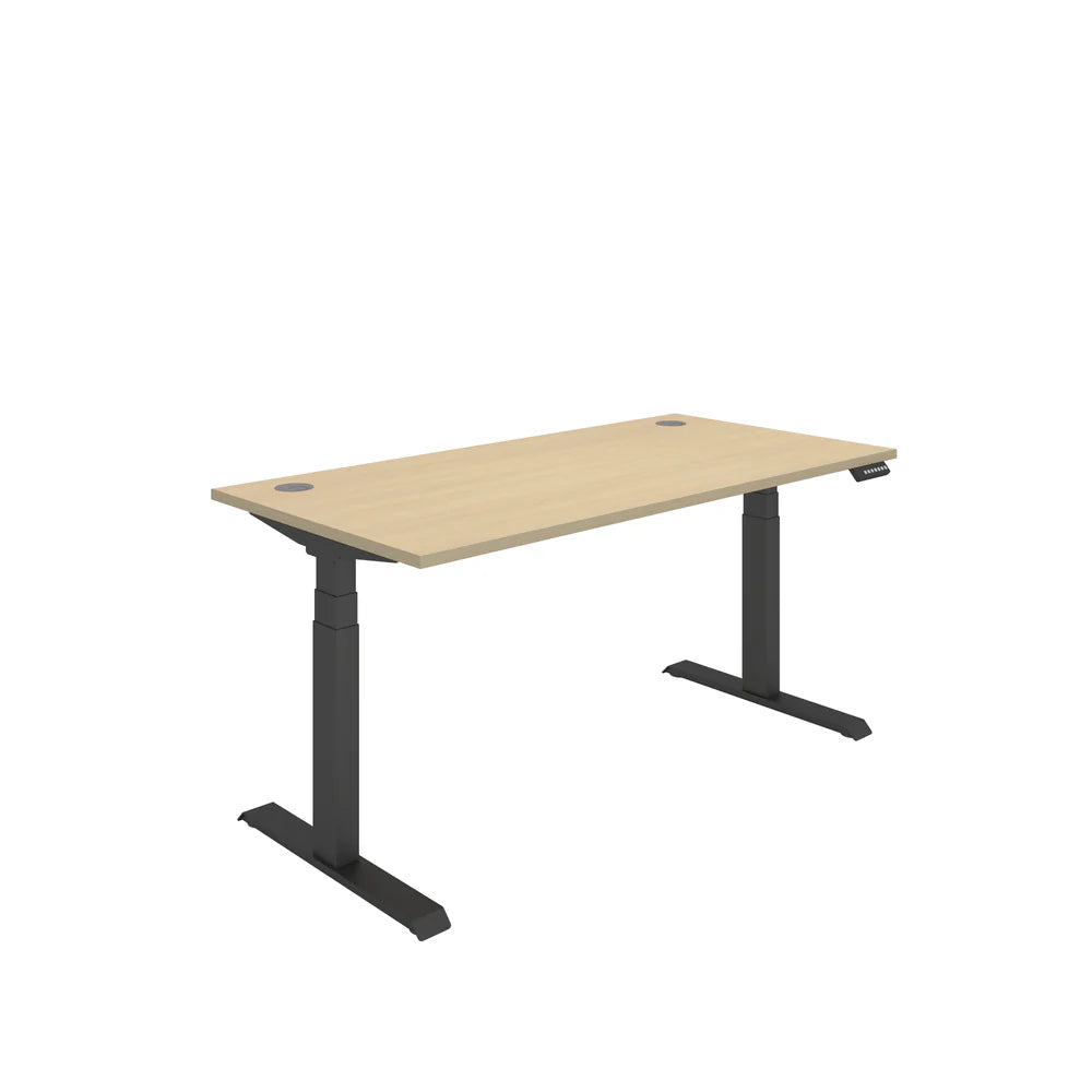 Height adjustable desk with wood-effect top and black frame on a white background